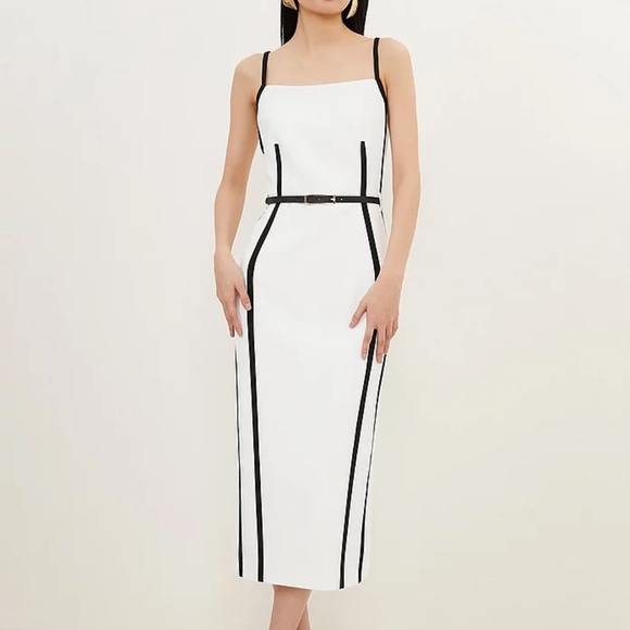 NWT Karen Millen Compact Stretch Contrast Tailored Belted Midi Dress Size 14